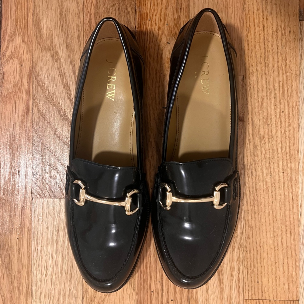 BRAND NEW J. Crew Factory Women's Glossy Black Loafers with Gold Accent
